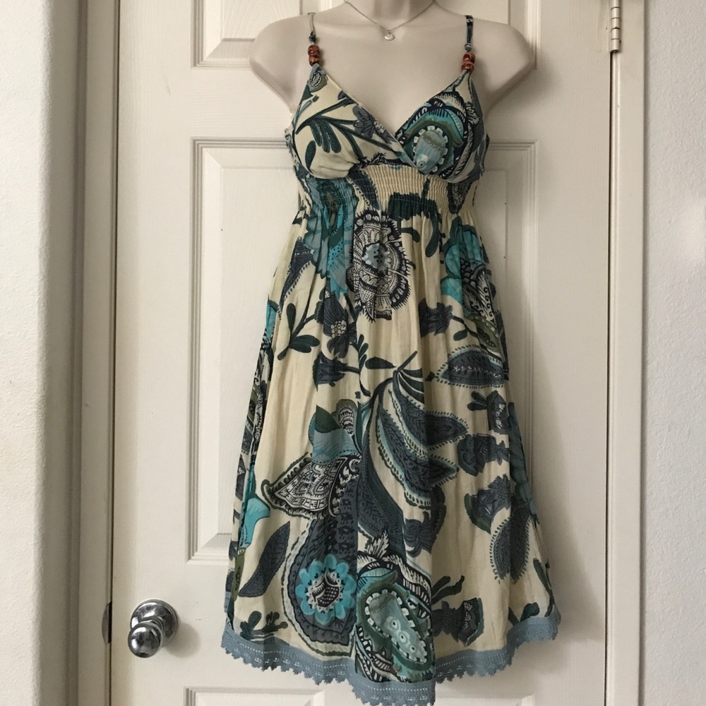 Derek Heart Cream Midi Dress with Teal and Navy Floral Print